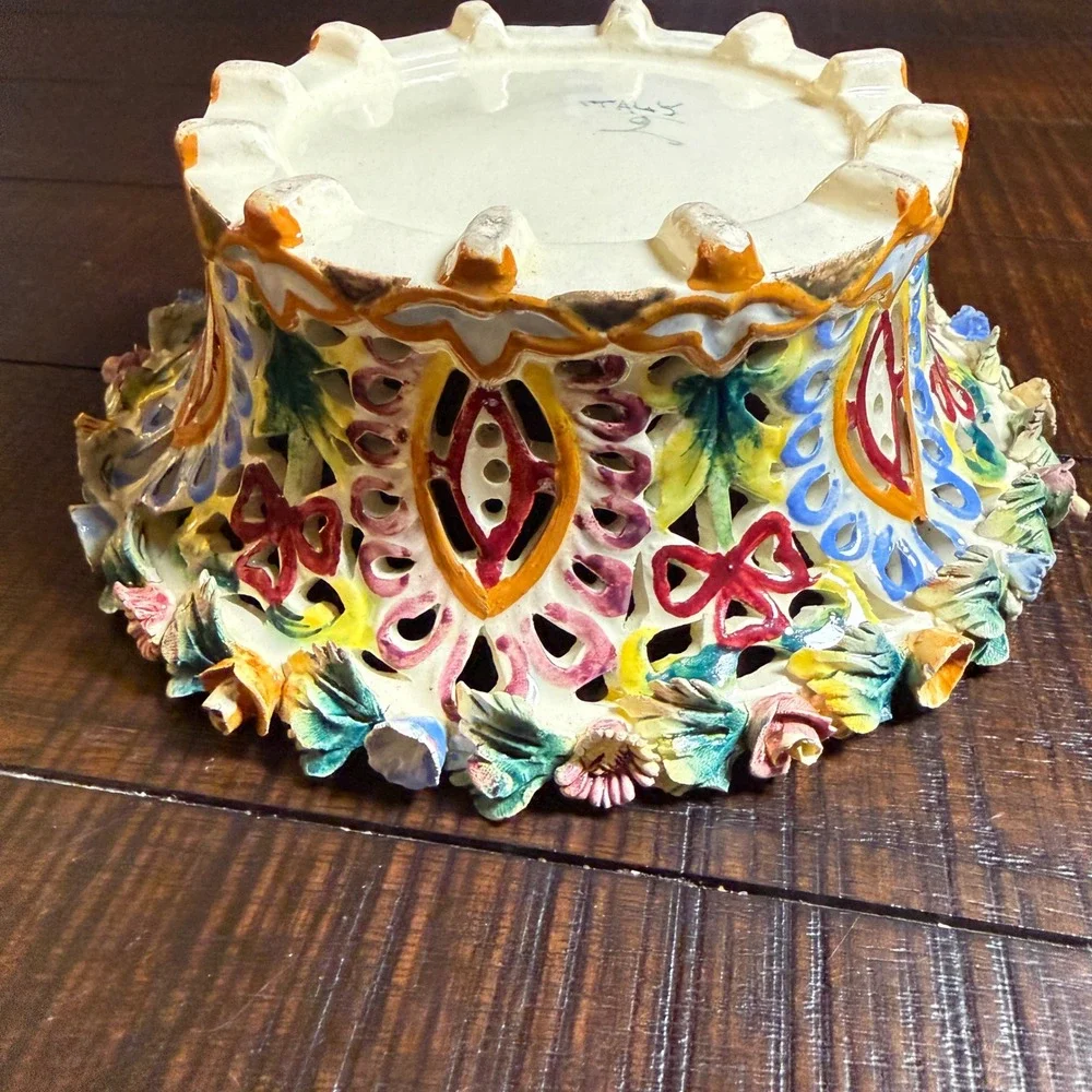 Italian Lattice Ceramic Bowl Majolica Flowers  8